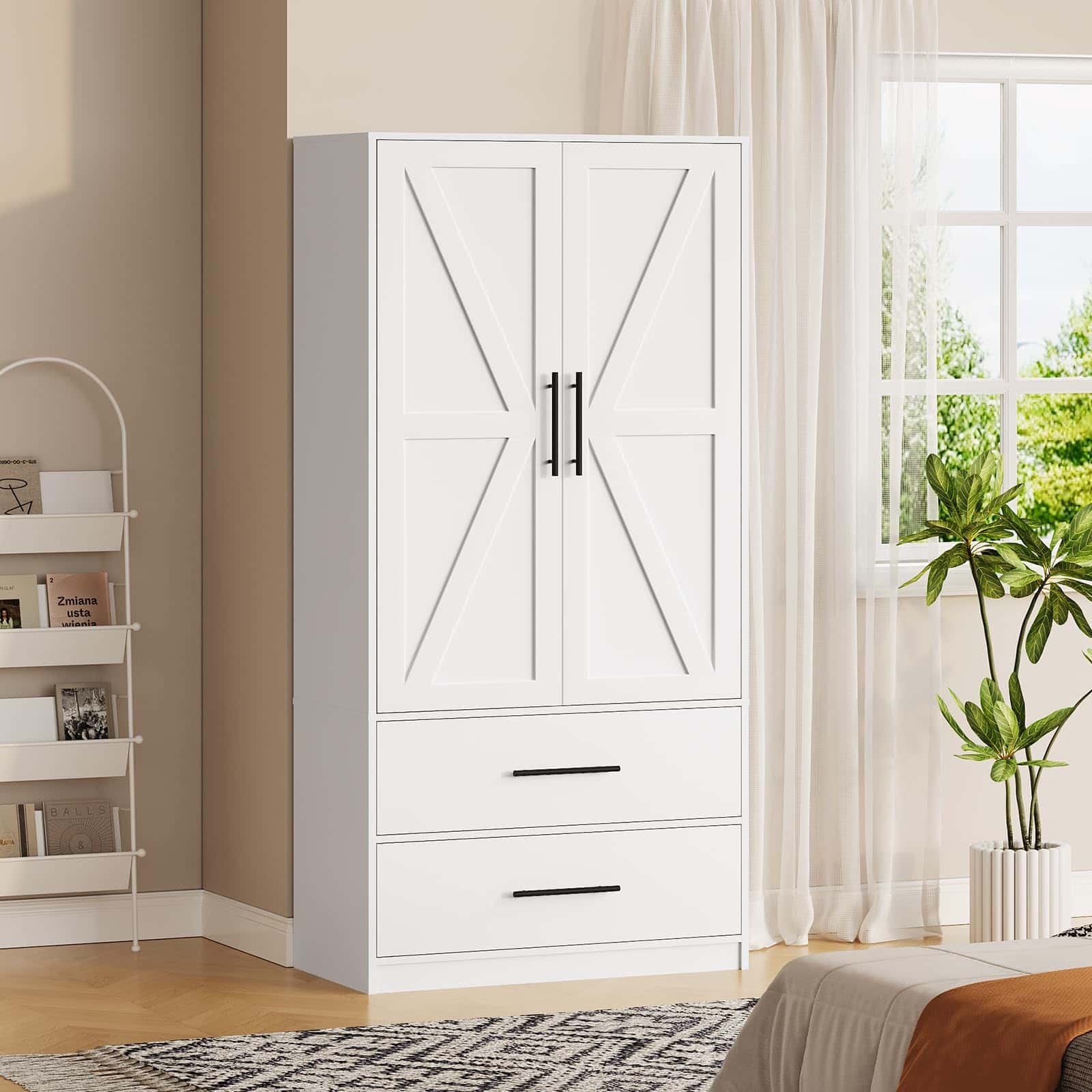 White wardrobe with black handles in a room with a window, plant, and shelf.