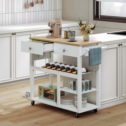 Kitchen island cart with storage shelves in a kitchen setting