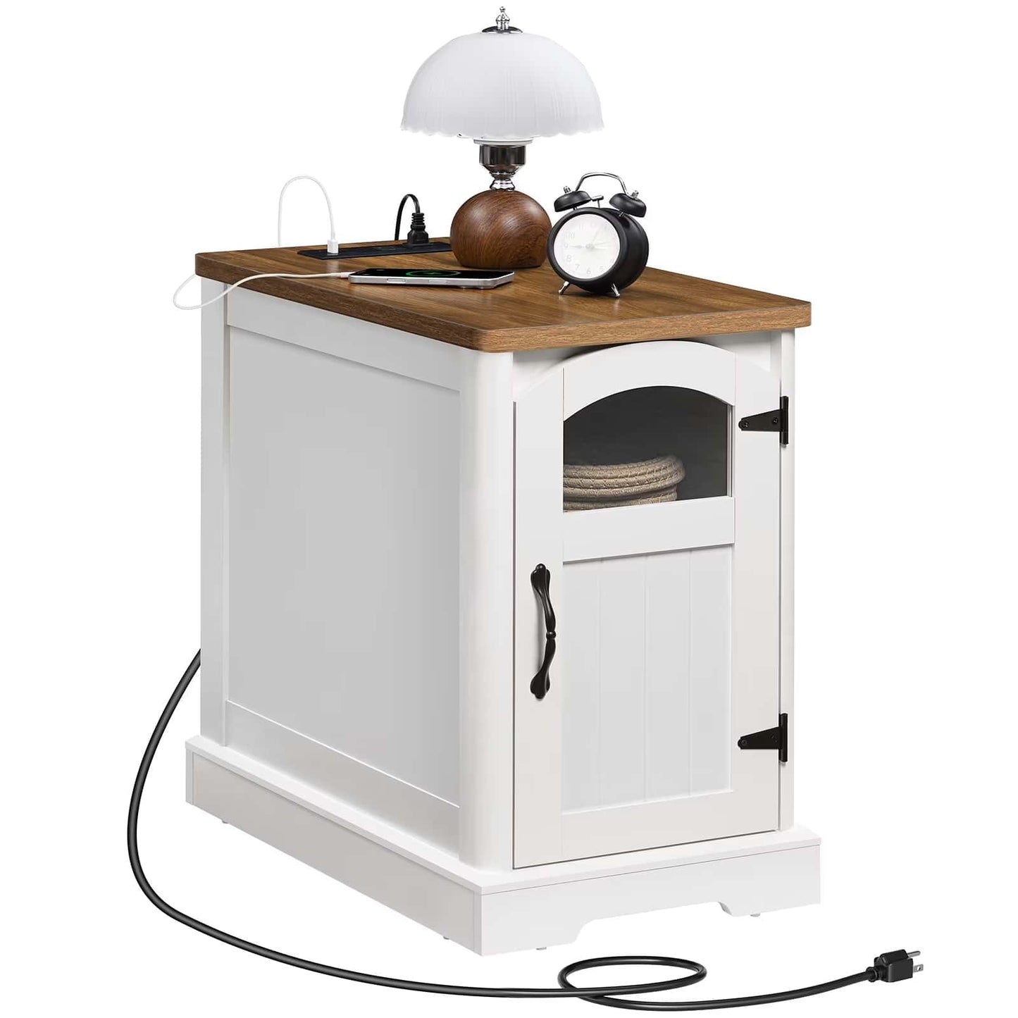 White nightstand with wooden top featuring a lamp and clock, on a white background