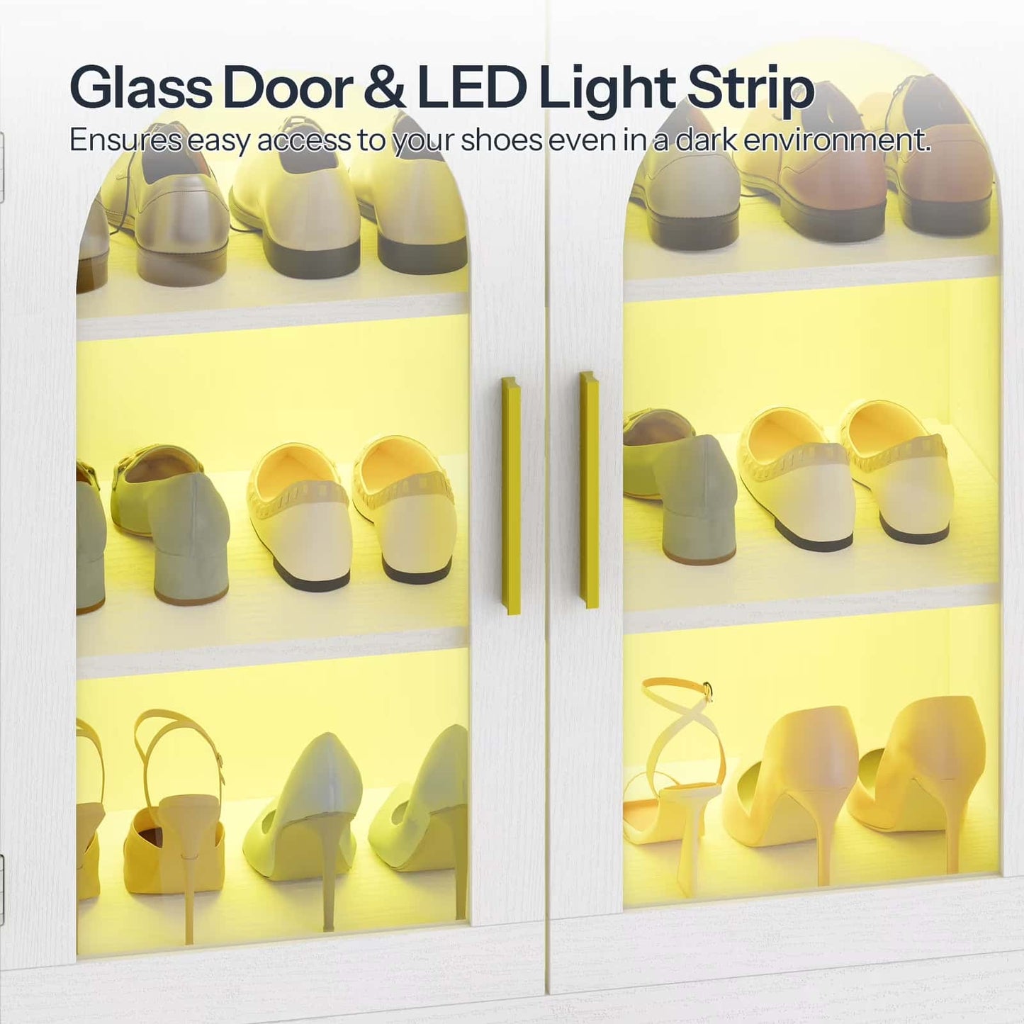 Shoe cabinet with glass door and LED light strip displaying various shoes.