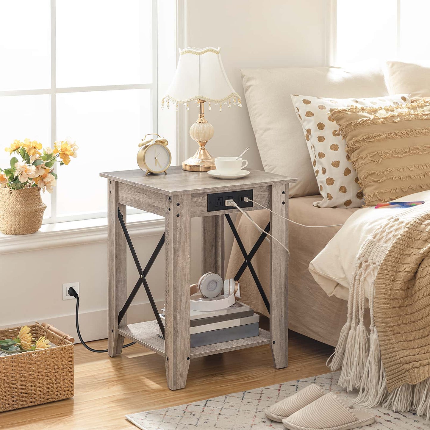 Cozy living room with a side table, lamp, and decor items.