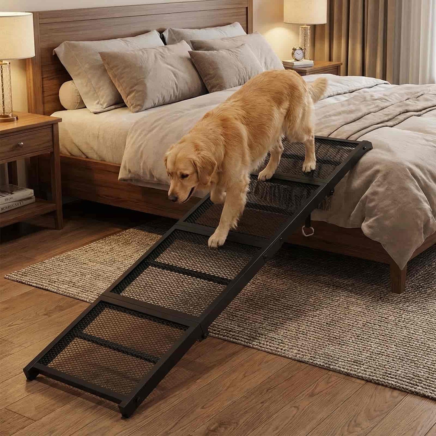 Dog using a black pet ramp to climb onto a bed in a bedroom setting.