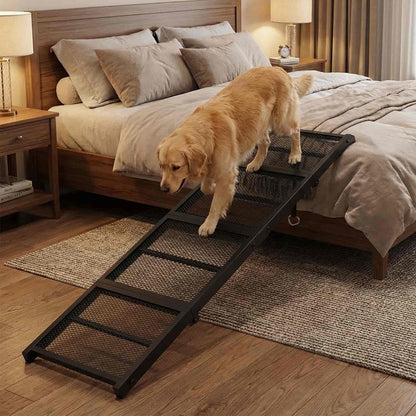 Dog using a black pet ramp to climb onto a bed in a bedroom setting.