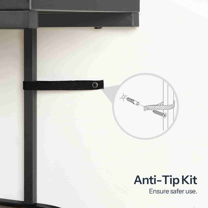 Anti-tip kit for furniture with a black strap and bracket on a white background.