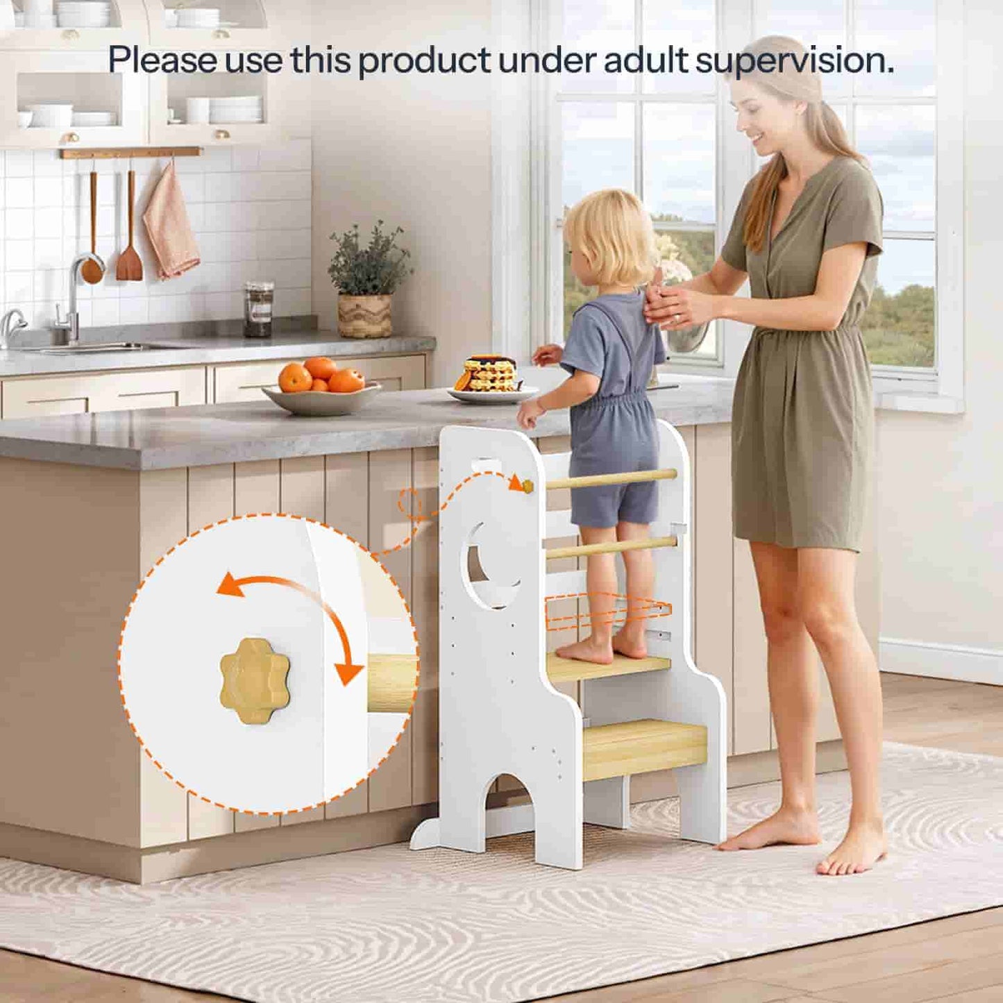 Woman and child using a kitchen safety step stool with a close-up of the product's mechanism.