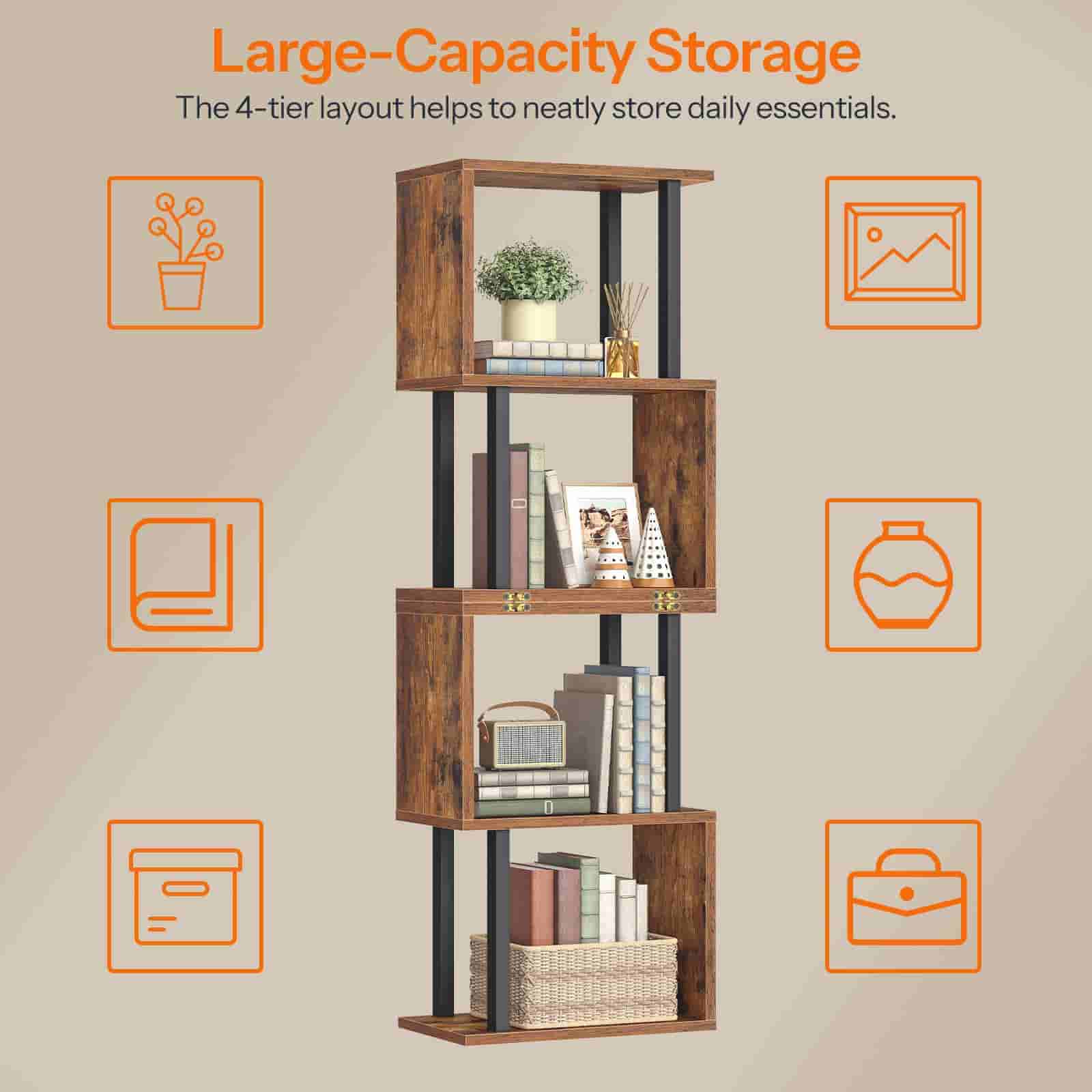 Wooden bookshelf with four tiers, each holding different items, on a beige background with text about large-capacity storage.