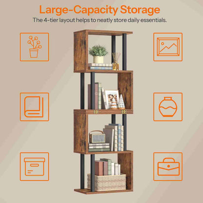 Wooden bookshelf with four tiers, each holding different items, on a beige background with text about large-capacity storage.