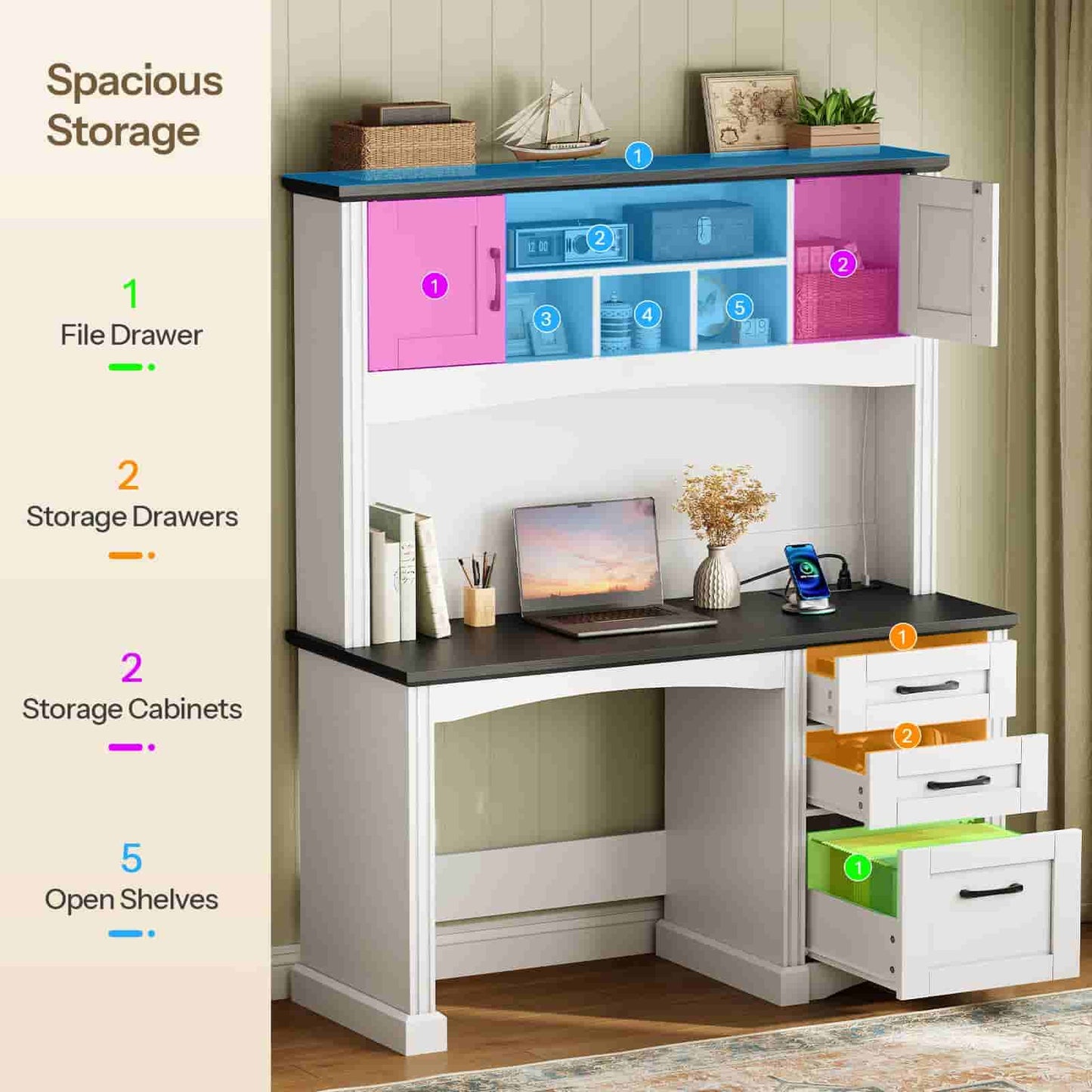 White desk with storage cabinets and drawers in a room setting