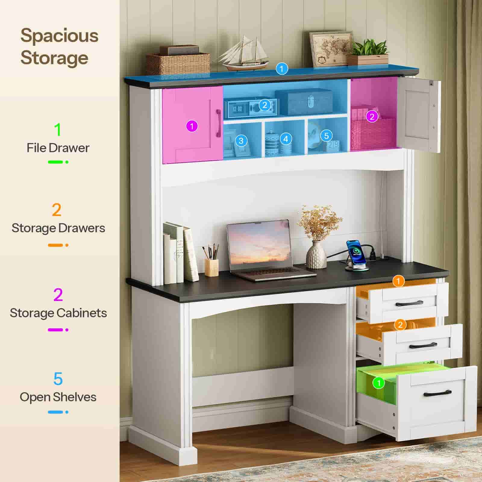 White desk with storage cabinets and drawers in a room setting