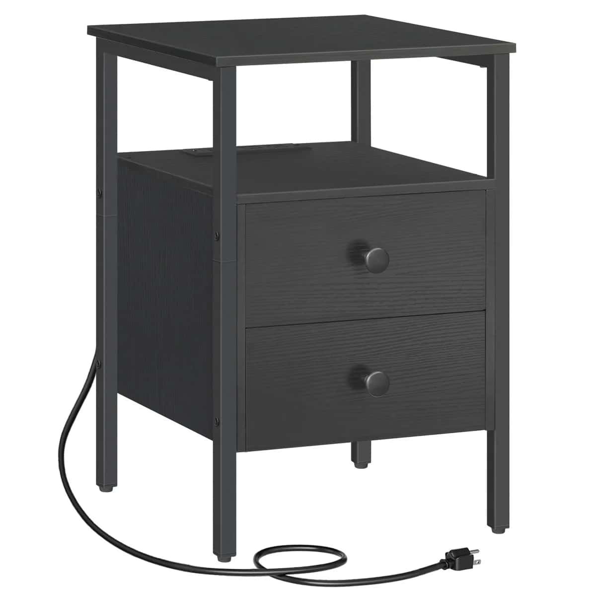 Black nightstand with two drawers and a power cord on a white background