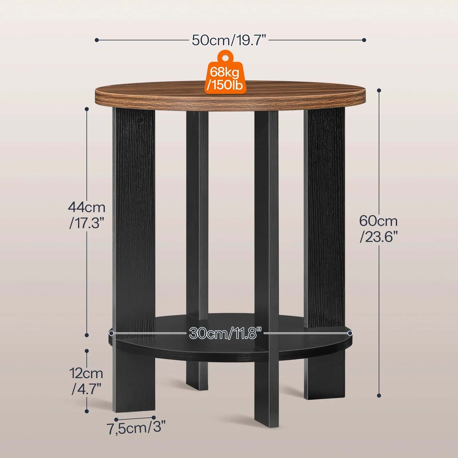 Small round table with dimensions and weight label on a beige background