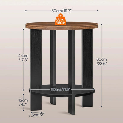 Small round table with dimensions and weight label on a beige background