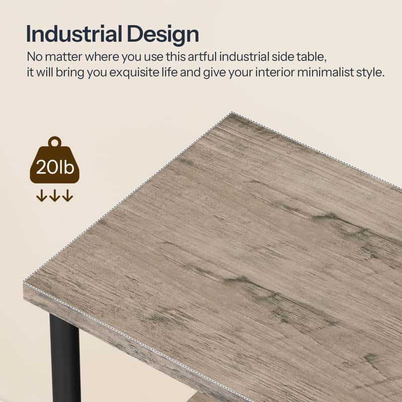 Wooden side table with text highlighting industrial design and weight capacity on a beige background
