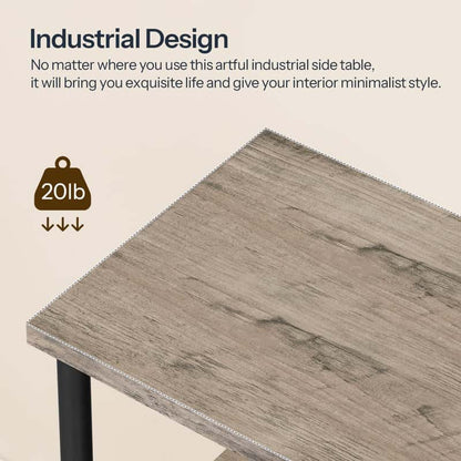Wooden side table with text highlighting industrial design and weight capacity on a beige background