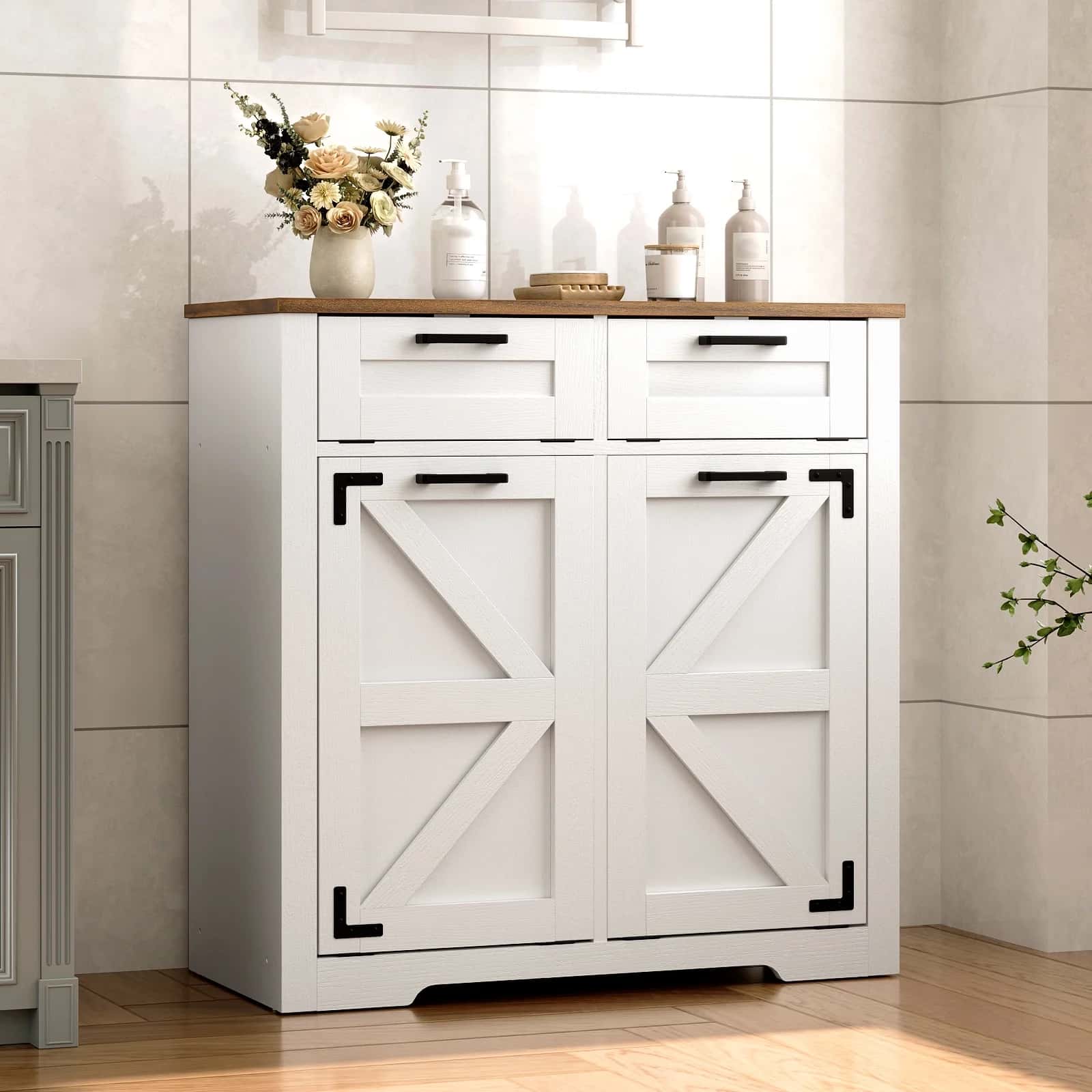 White cabinet with wooden top in a bathroom setting