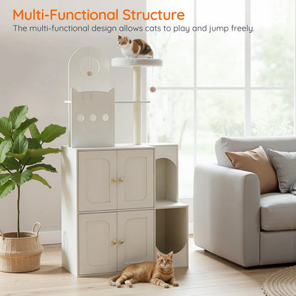 Multi-functional cat structure in a living room with a cat sitting on top and another lying on the floor.