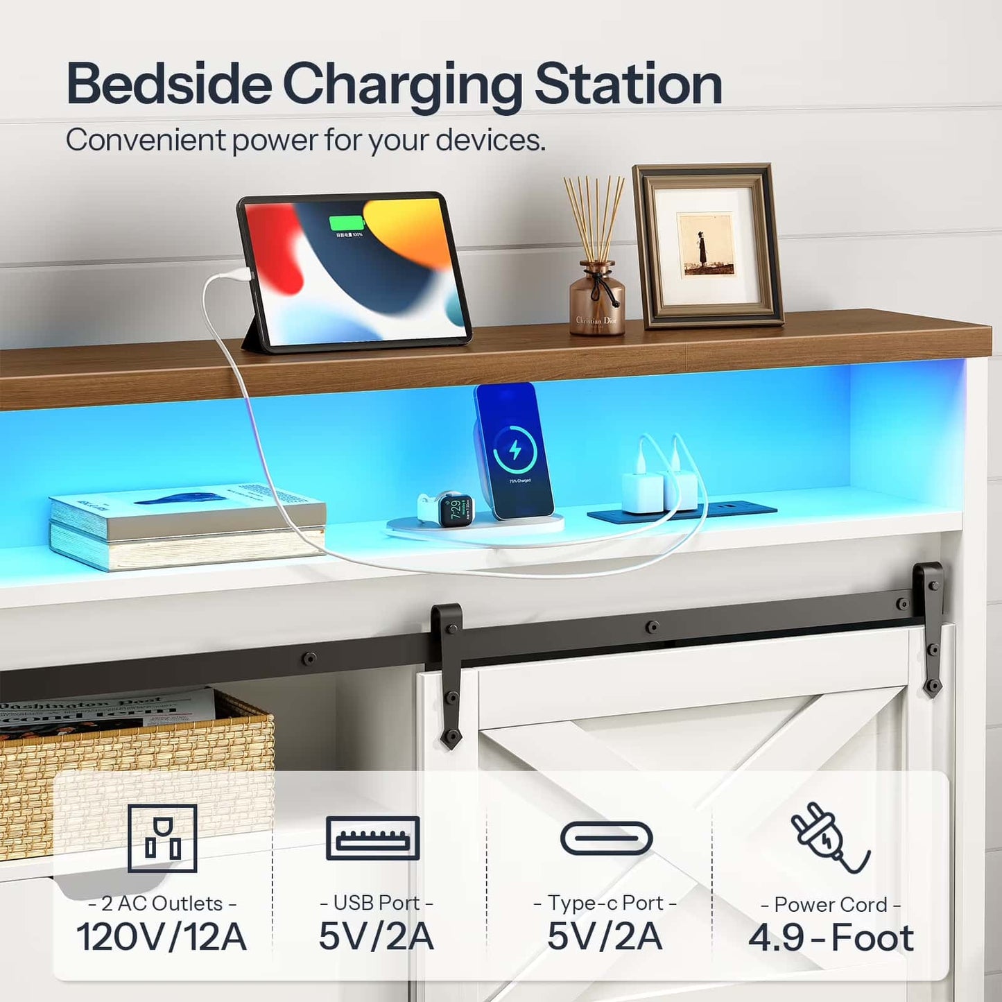 Bedside charging station with electronic devices and power outlets on a wooden shelf.