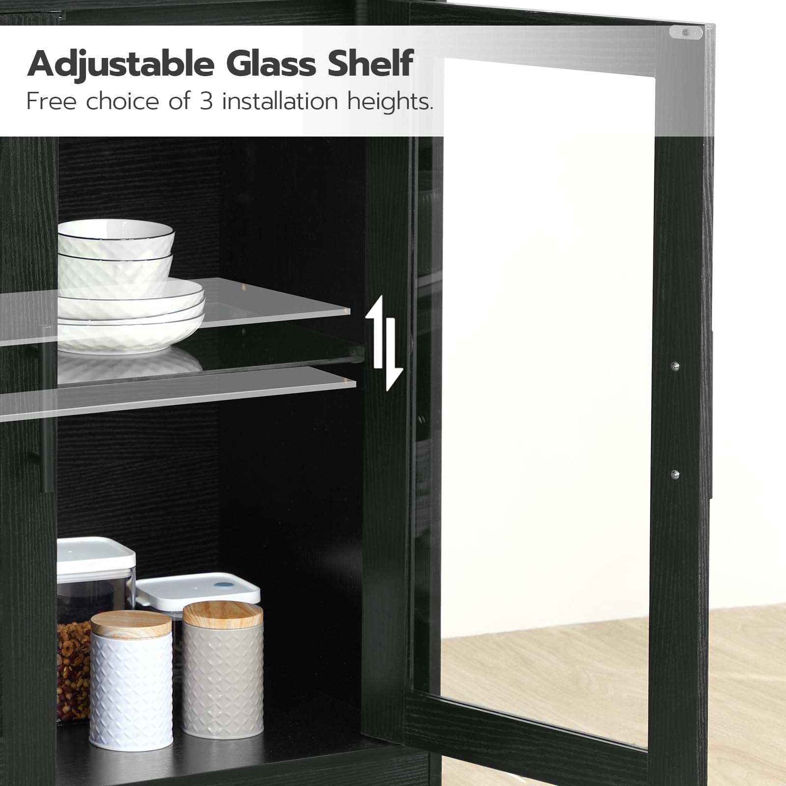 Adjustable glass shelf with free choice of 3 installation heights, showing a kitchen setting.