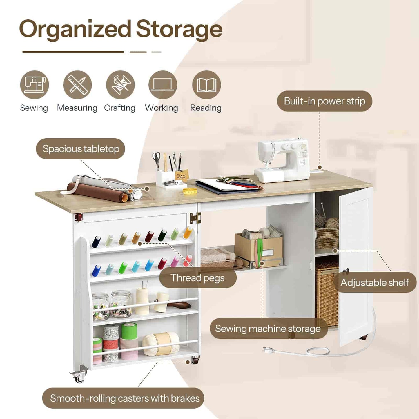 Sewing table with various storage compartments and features labeled