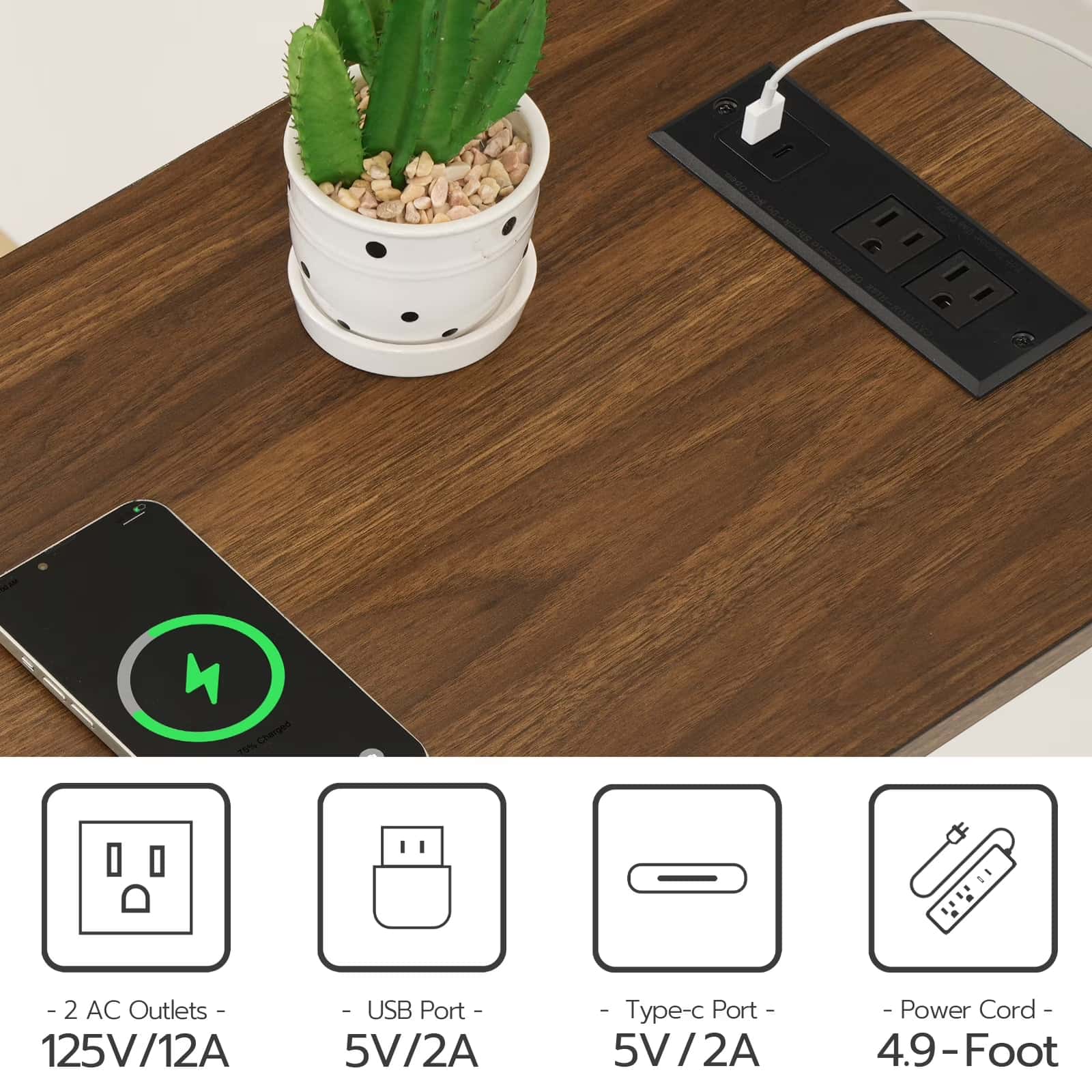 Desk with a smartphone charging, potted cactus, and power outlet with cable.