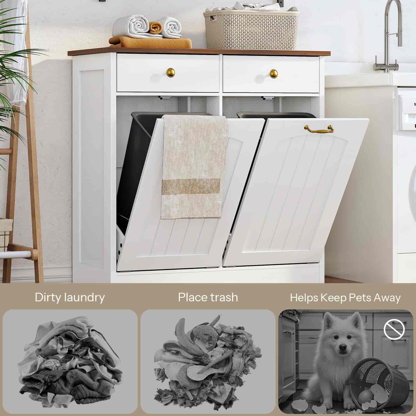 White laundry sorters with text indicating their uses in a kitchen setting.