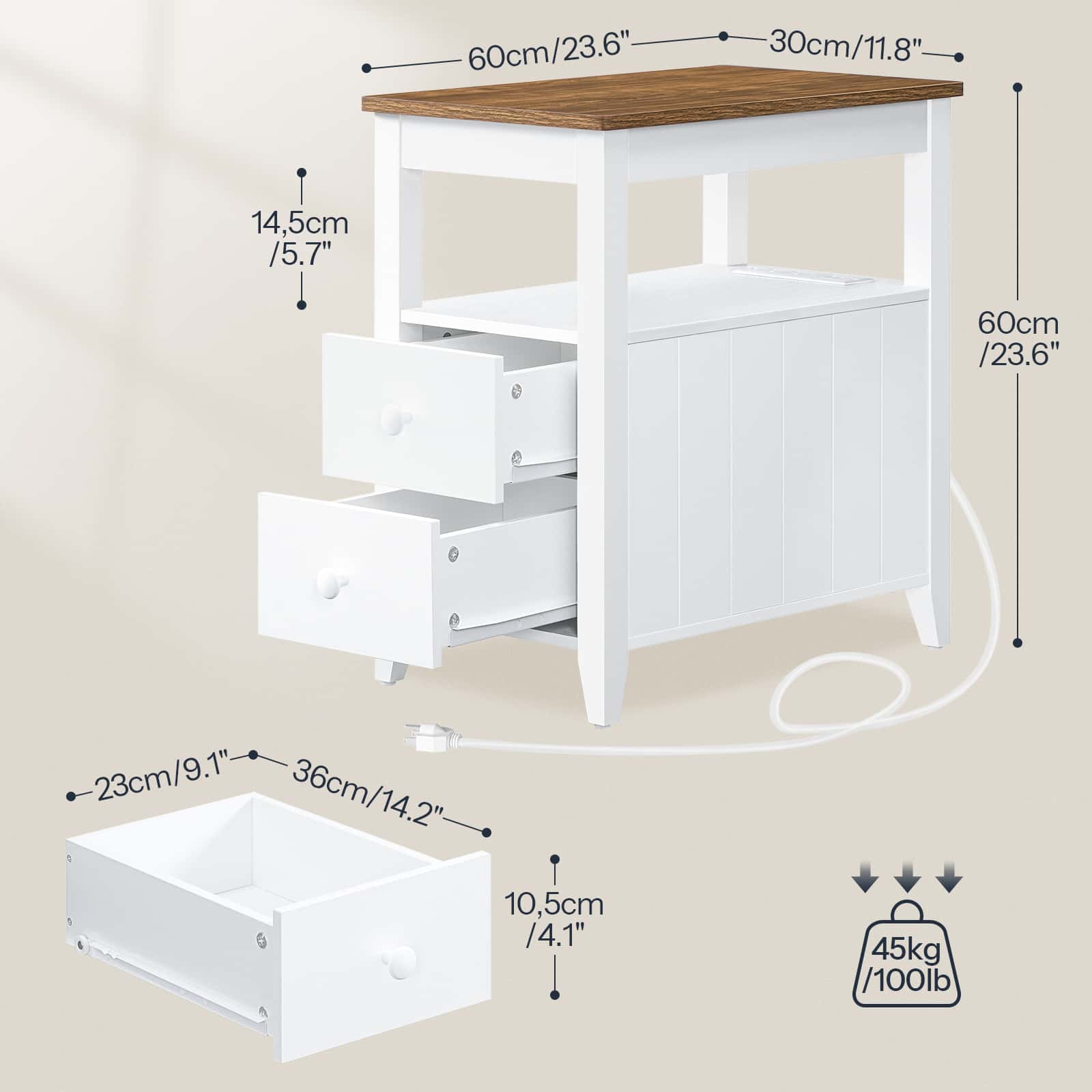 White nightstand with wooden top and dimensions displayed