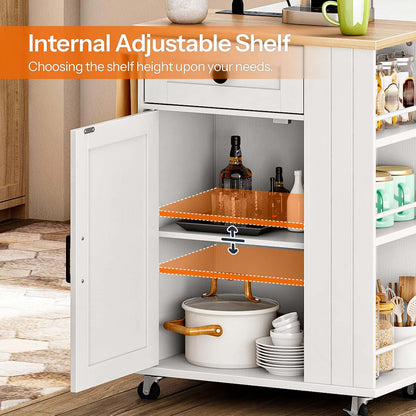 White kitchen cart with open door showing adjustable shelves and kitchen items.