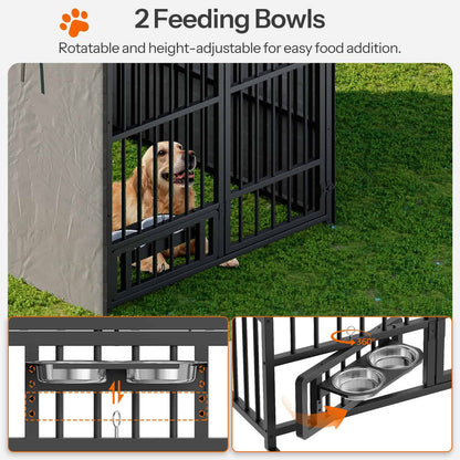HOOBRO Outdoor Heavy-Duty Large Dog Kennel with Waterproof Cover & Rotating Feeding Bowls