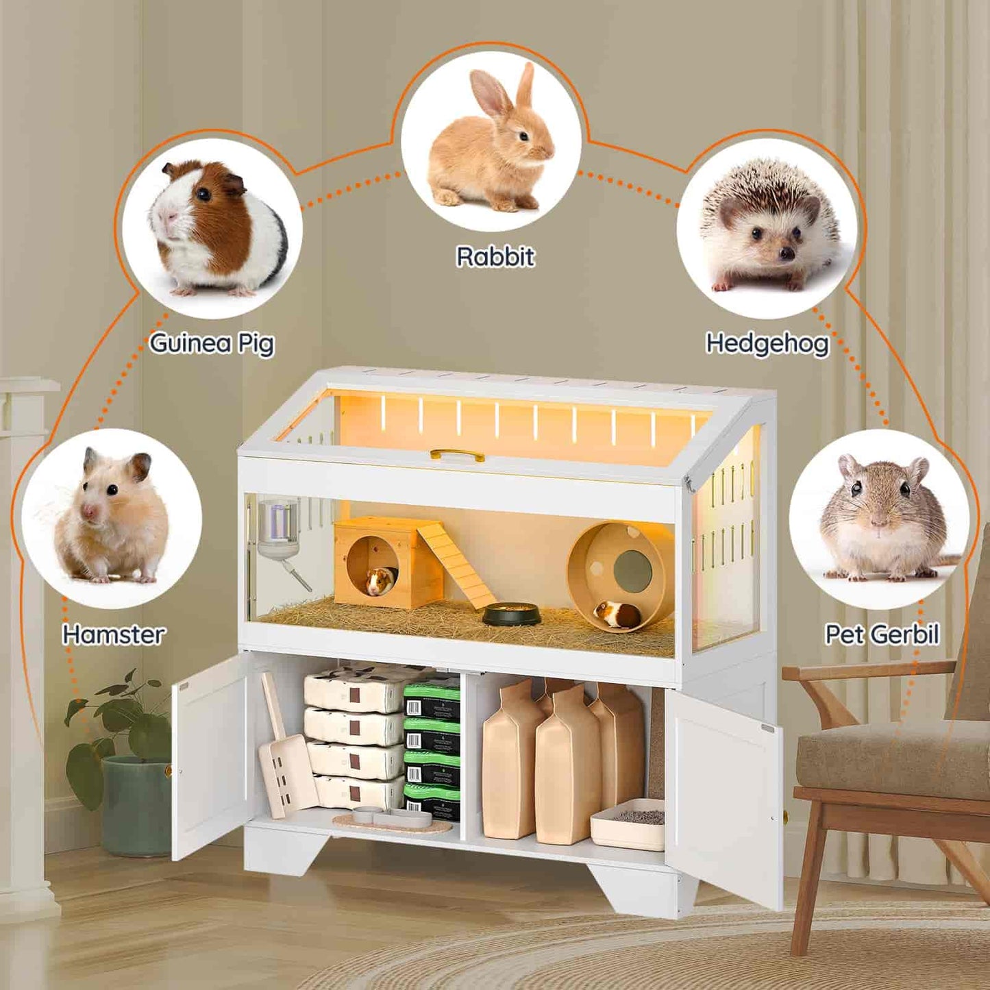 Pet cage with various small animal illustrations and labels on a neutral background