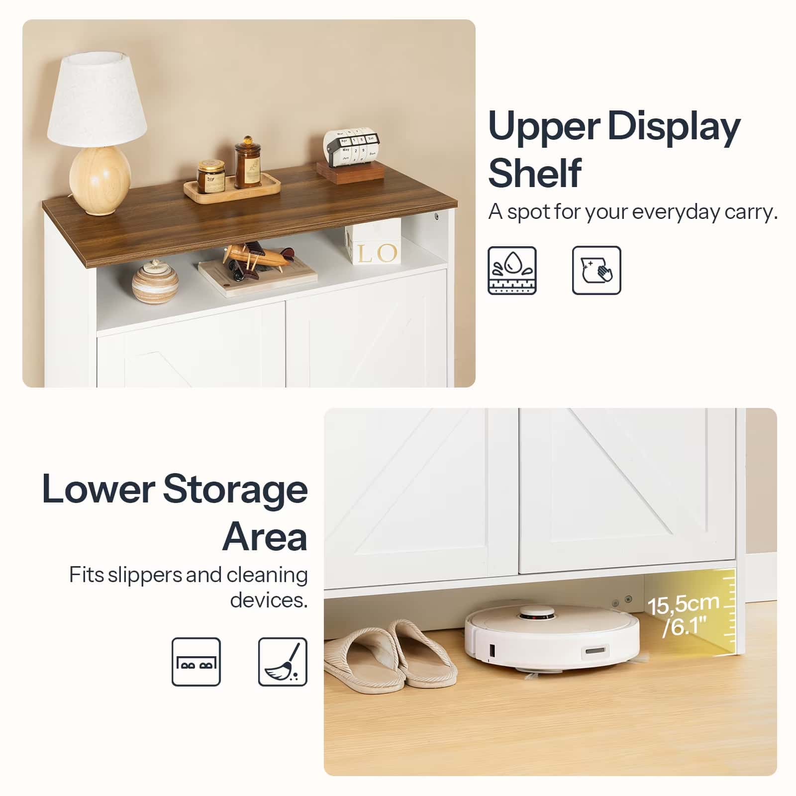 White storage cabinet with wooden top, displaying items on the upper shelf and showing a robot vacuum cleaner in the lower storage area.