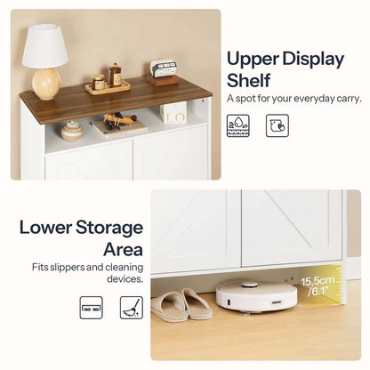 White storage cabinet with wooden top, displaying items on the upper shelf and showing a robot vacuum cleaner in the lower storage area.