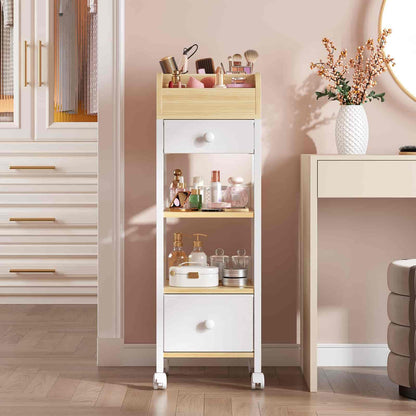 Tall white and gold storage cart with various items in a room setting.