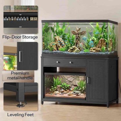 Fish tank with cabinet and features highlighted on a beige wall background