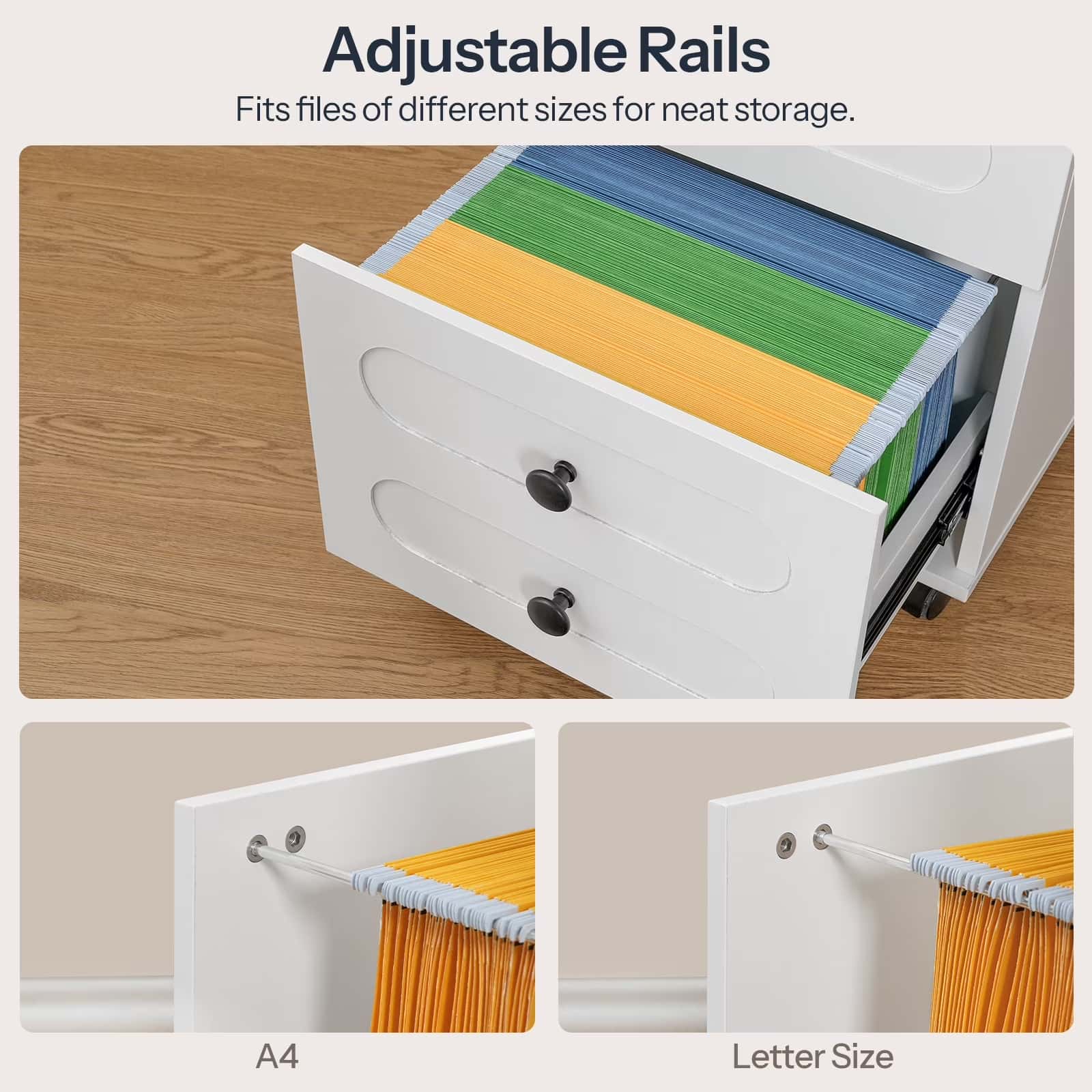White file cabinet with adjustable rails for storing files of different sizes on a wooden surface.