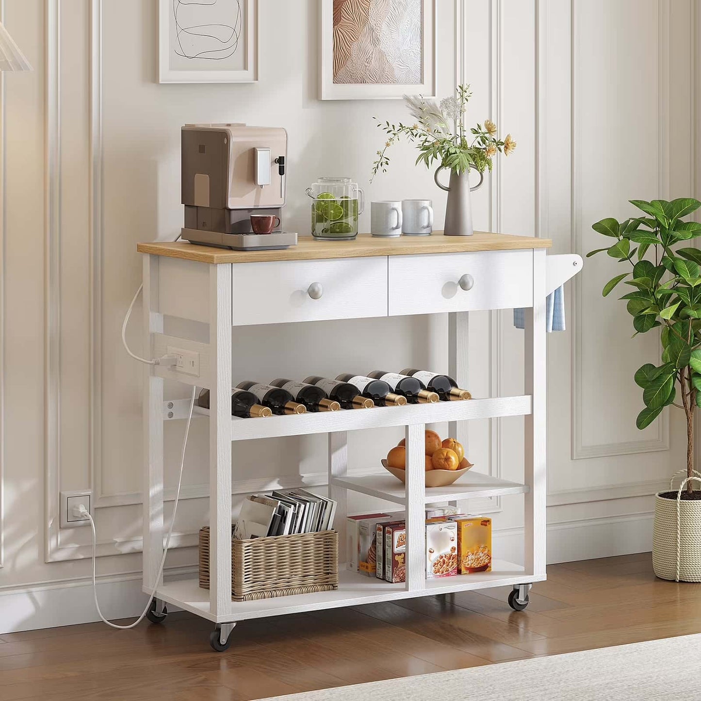 White kitchen cart with wooden top in a room setting with decor elements.