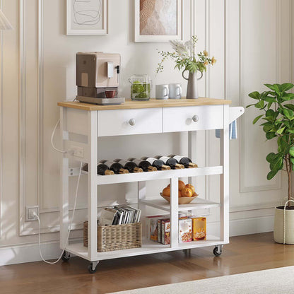 White kitchen cart with wooden top in a room setting with decor elements.
