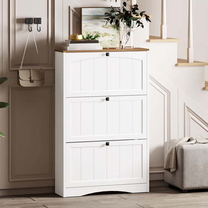 White shoe cabinet in a room with a bed and staircase