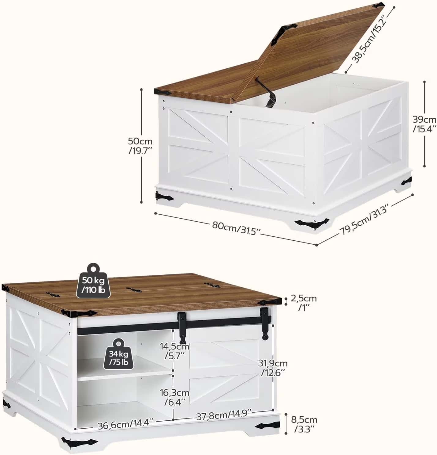 White storage bench with wooden top and dimensions displayed