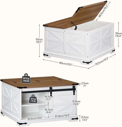 White storage bench with wooden top and dimensions displayed