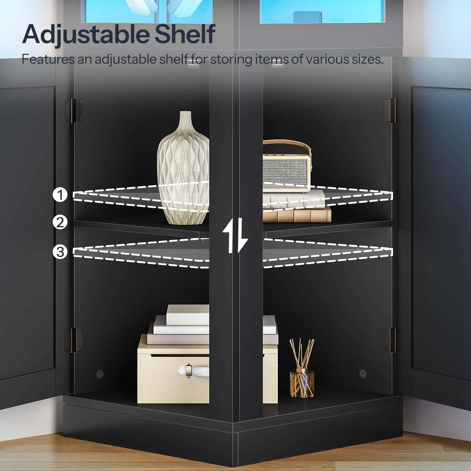 Black cabinet with adjustable shelf featuring decorative items.