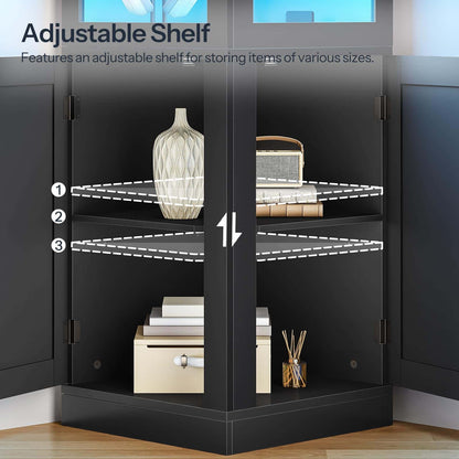 Black cabinet with adjustable shelf featuring decorative items.