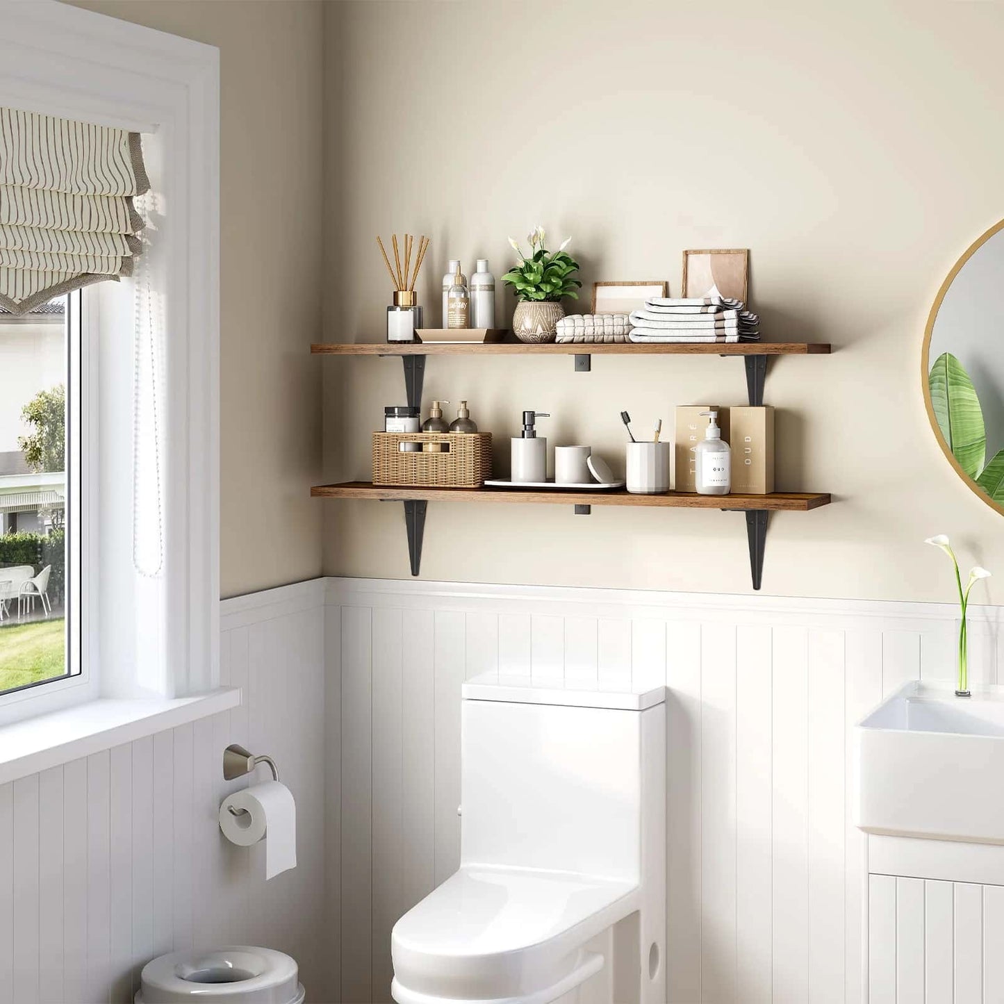 Modern bathroom with wooden shelves, toilet, and sink.