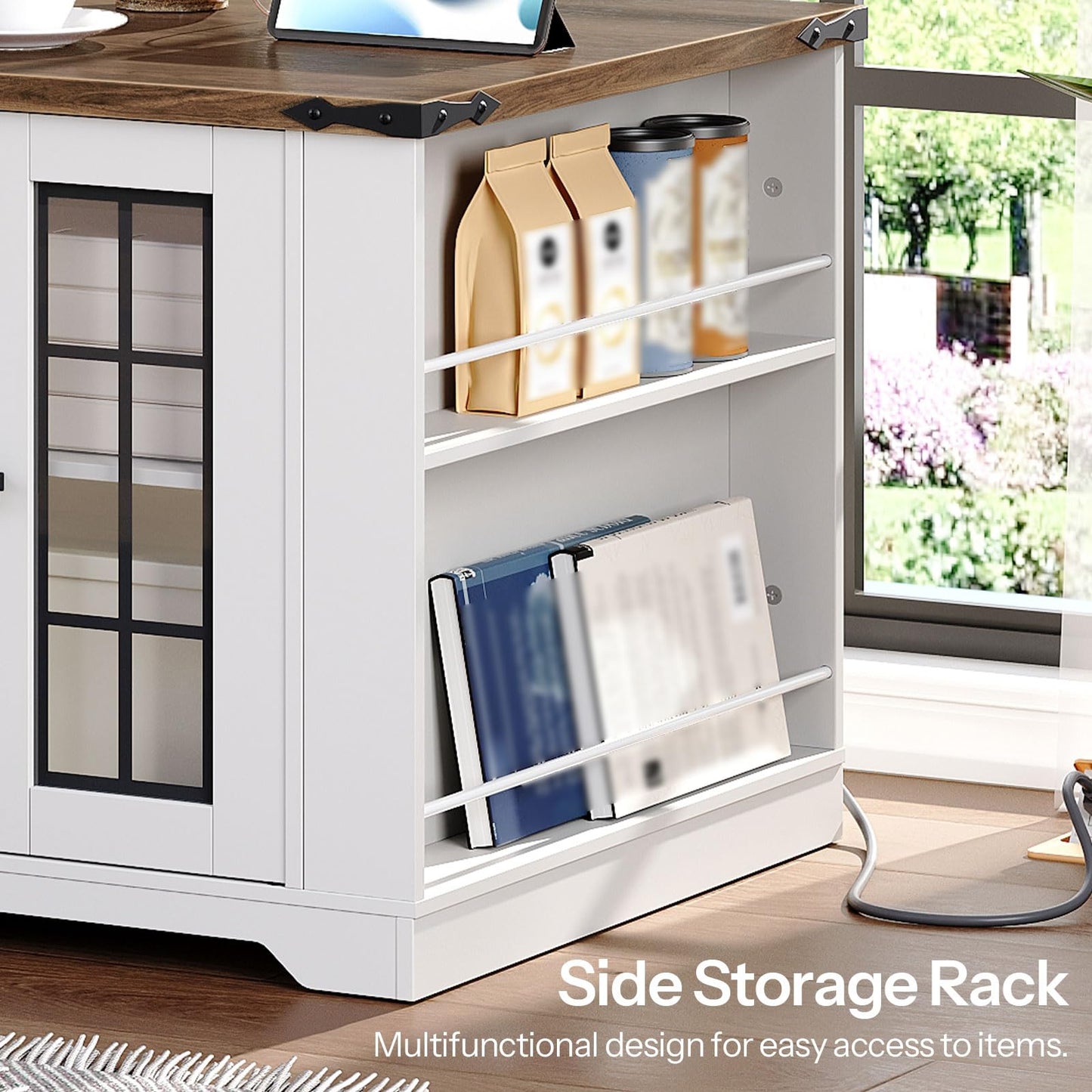 White side storage rack with shelves holding books and bags, in a room with a window and plants.