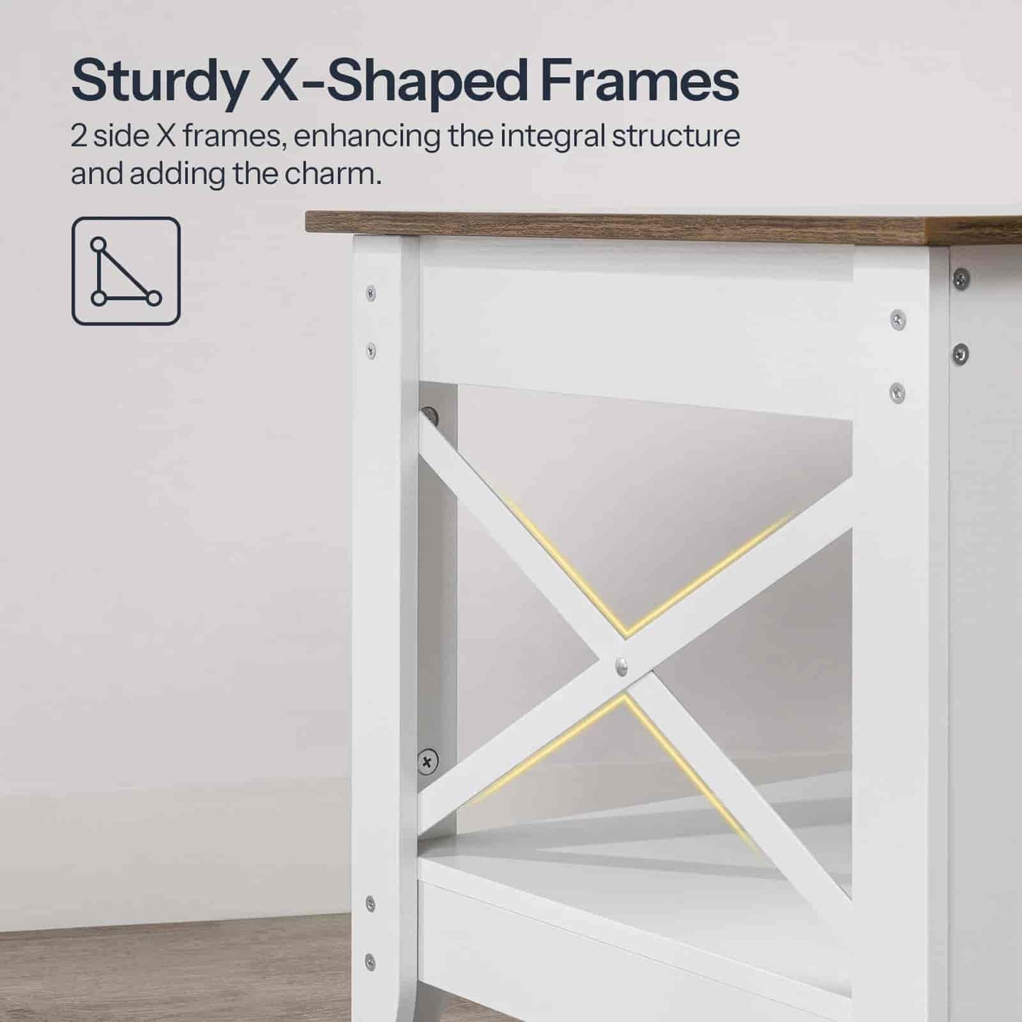 White storage cabinet with X-shaped frames on a neutral background