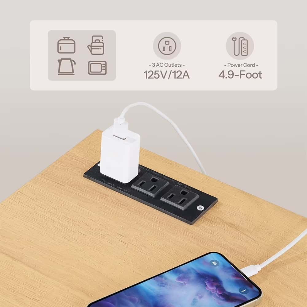 Power strip with multiple outlets and a phone charging cable on a wooden surface.