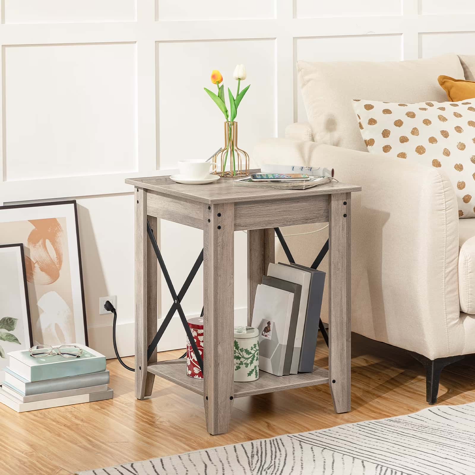 Wooden side table with decorative items in a living room setting