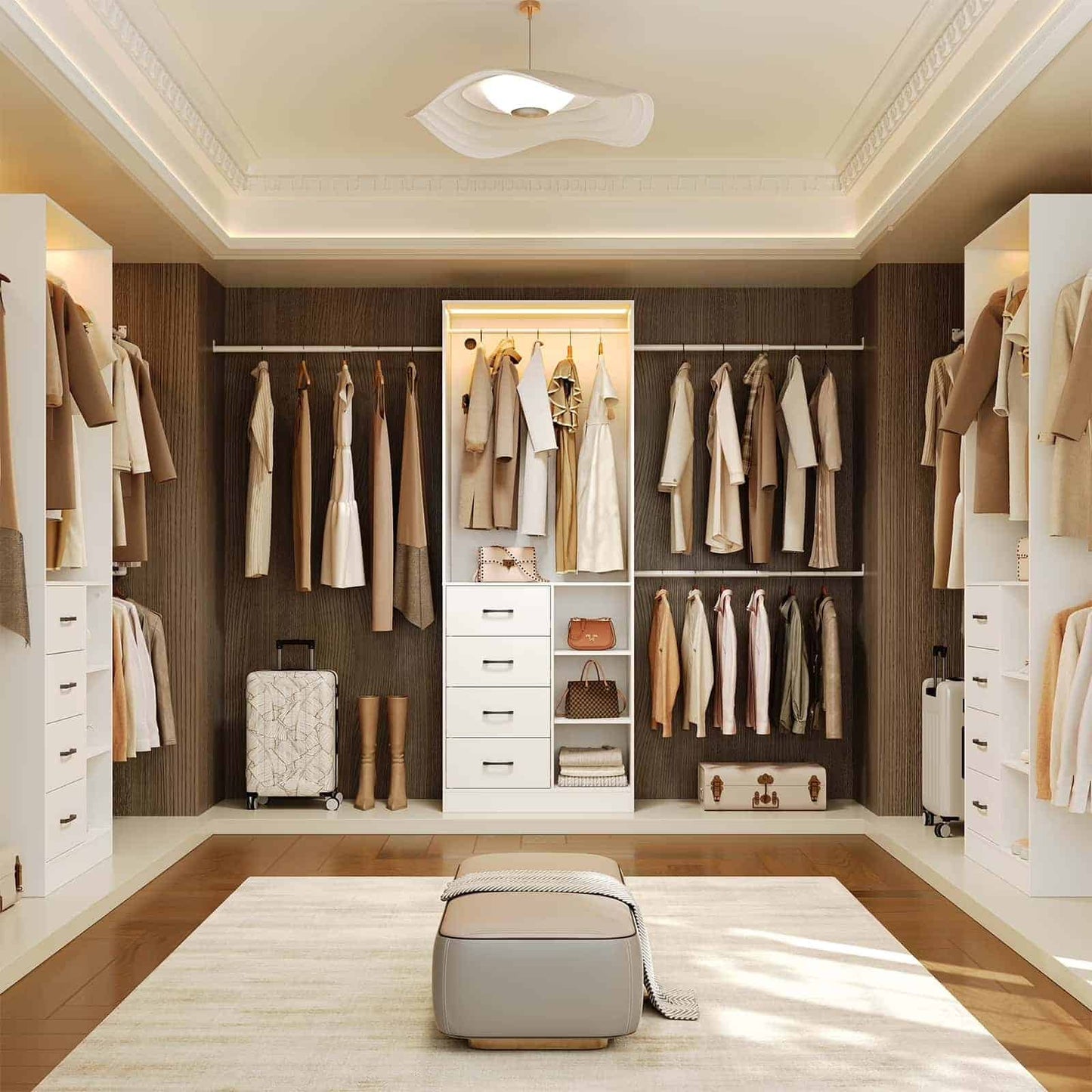 Modern walk-in closet with organized clothing and shelves.
