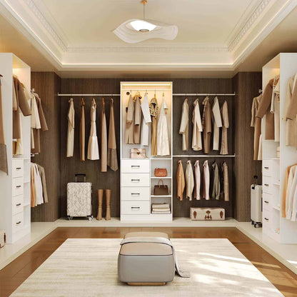 Modern walk-in closet with organized clothing and shelves.