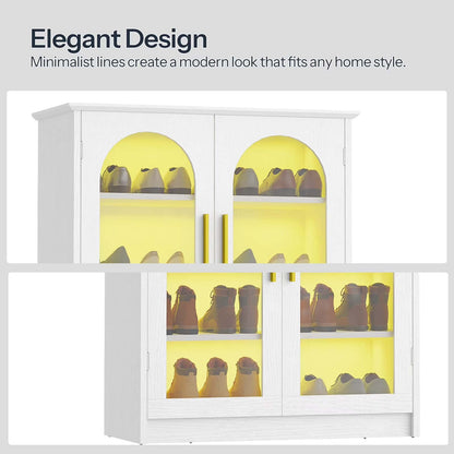 White shoe cabinet with yellow interior displaying shoes, text 'Elegant Design' and 'Minimalist lines create a modern look that fits any home style.'.