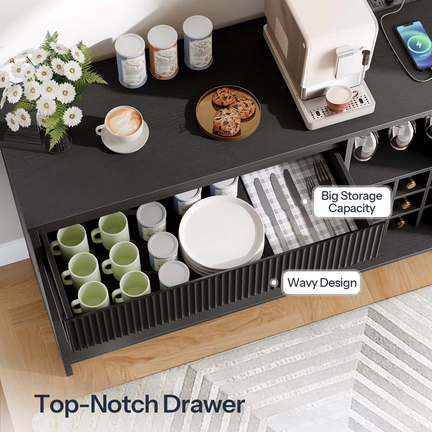 Coffee station with a top-notch drawer featuring mugs and a wavy design.